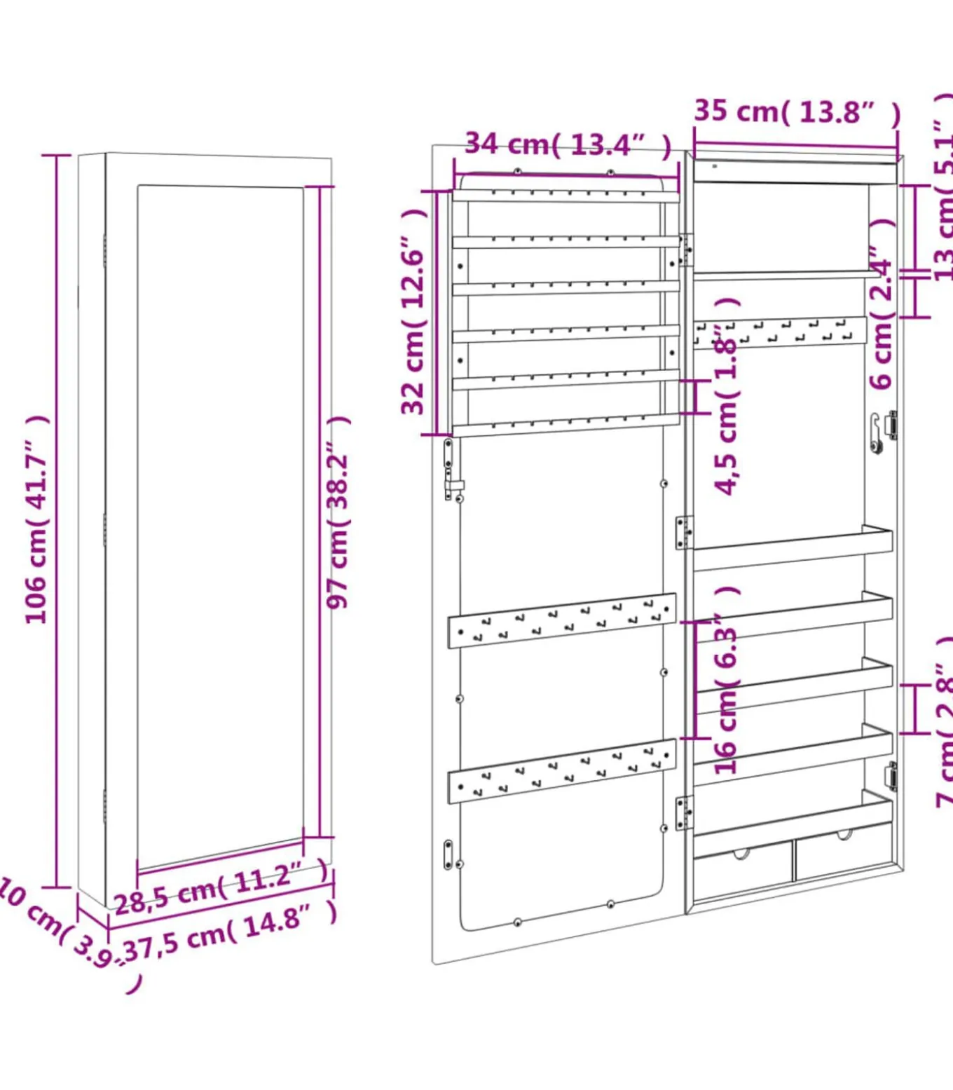 Sieradenkast met spiegel en LED wandgemonteerd