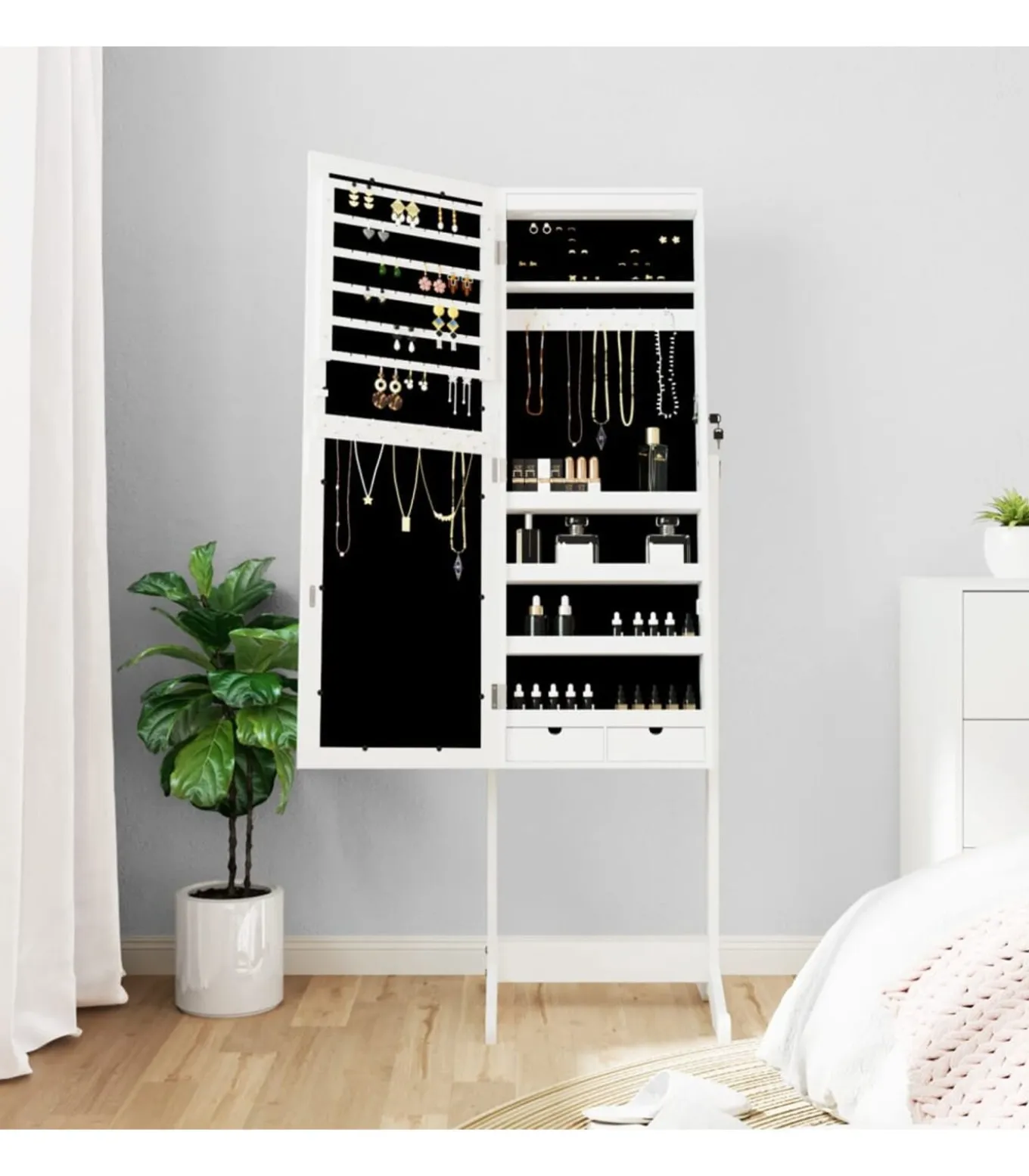 Sieradenkast met spiegel met LED-verlichting vrijstaand wit