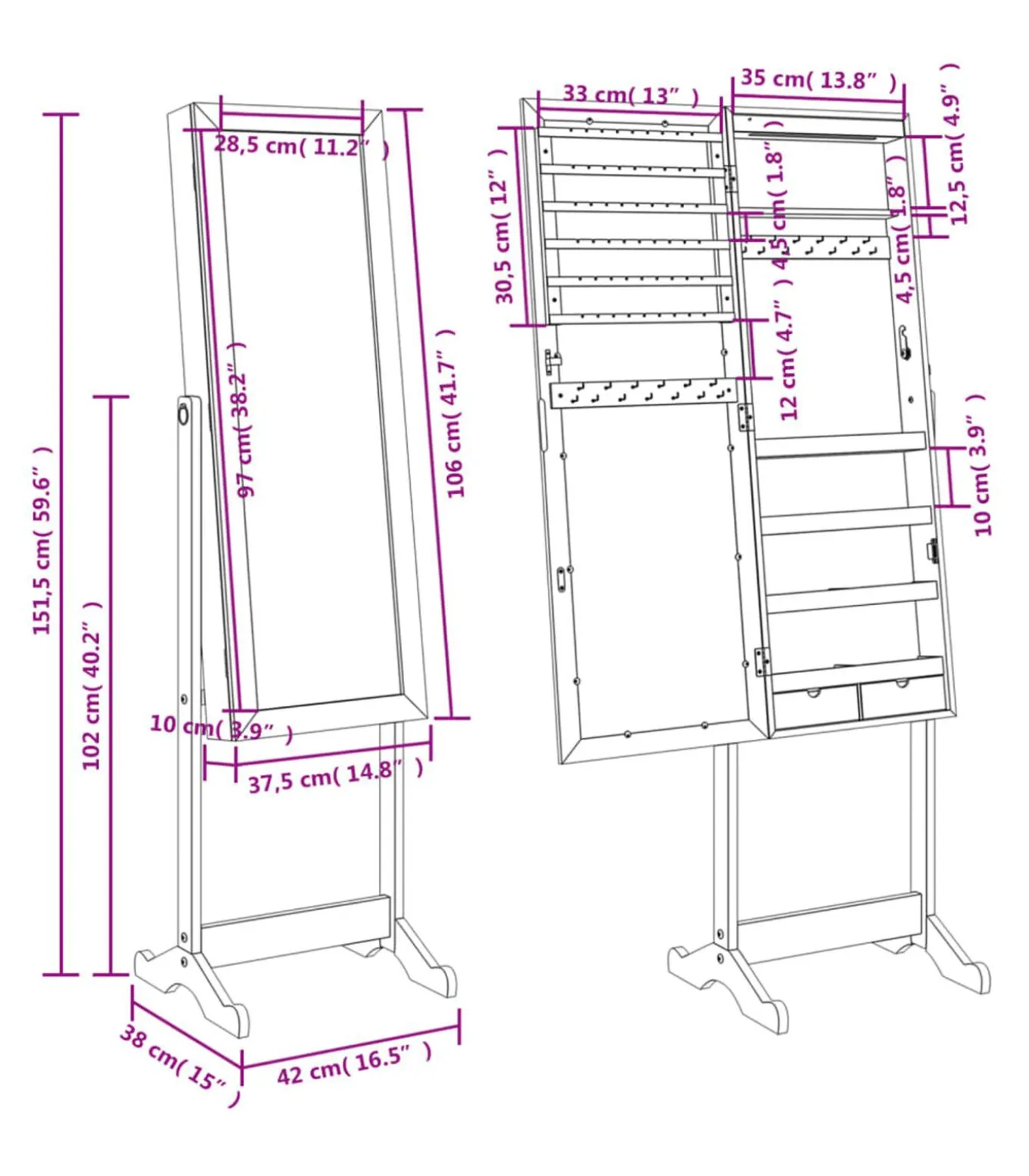 Sieradenkast met spiegel met LED-verlichting vrijstaand wit