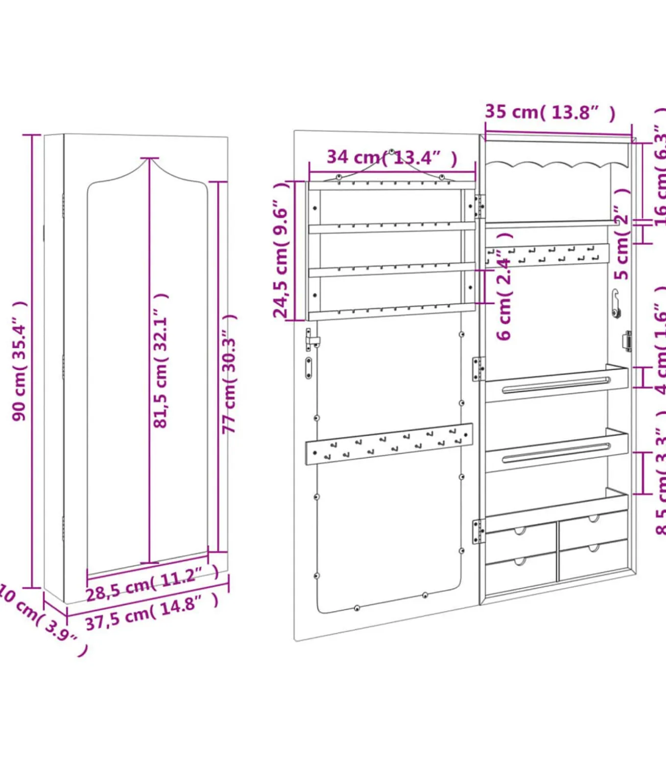 Sieradenkast met spiegel wandgemonteerd 37,5x10x90 cm zwart