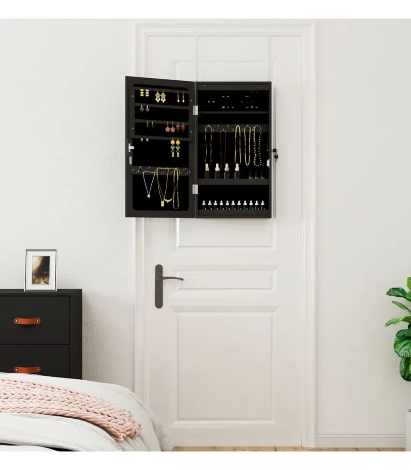 Sieradenkast met spiegel en LED wandgemonteerd zwart