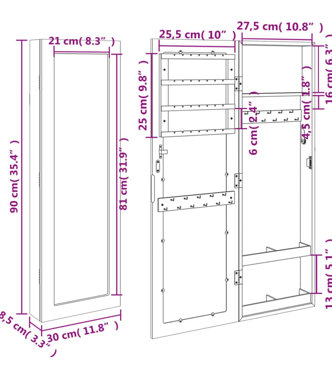 Sieradenkast met spiegel wandgemonteerd 30x8,5x90 cm wit
