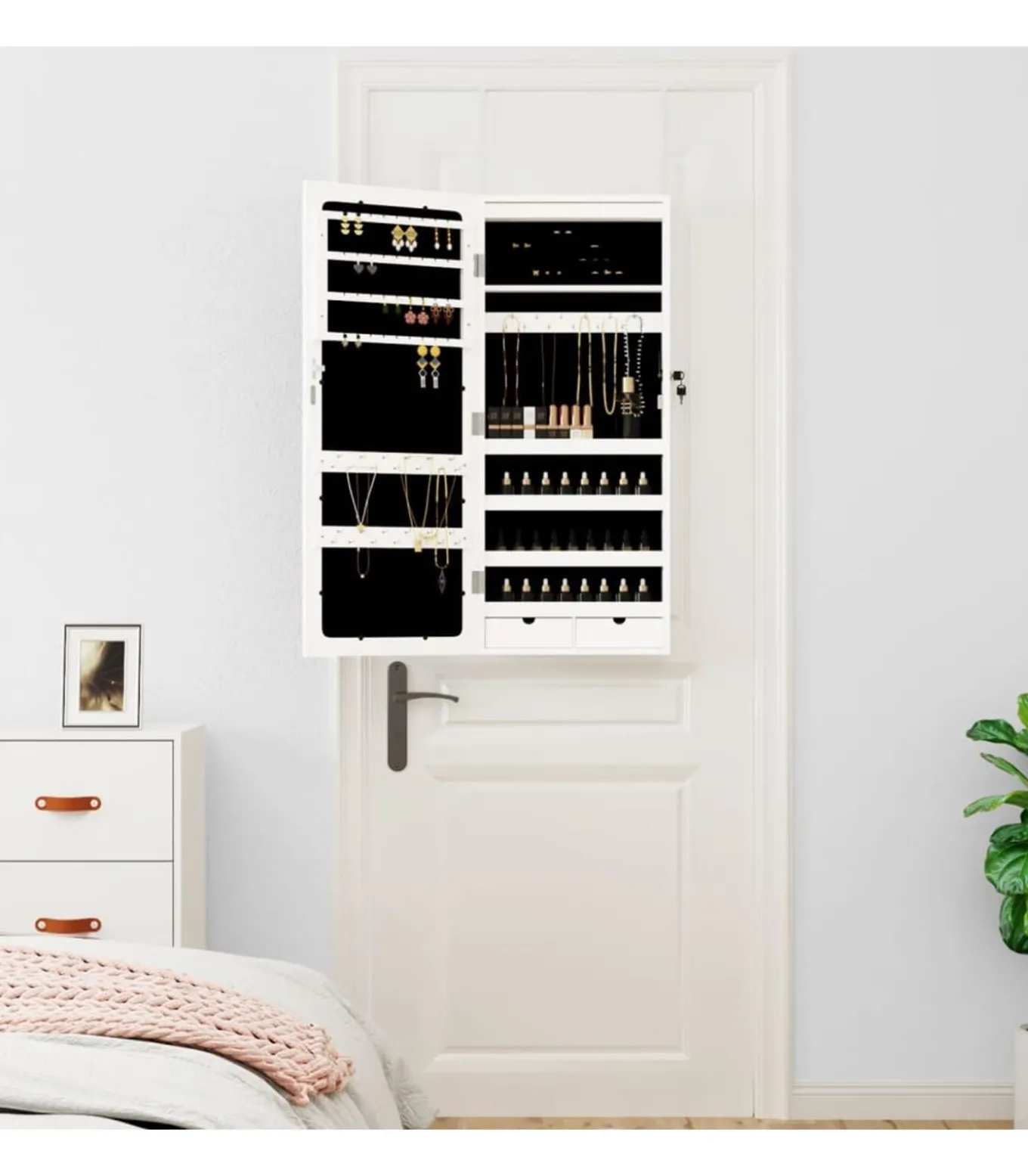 Sieradenkast met spiegel en LED wandgemonteerd wit