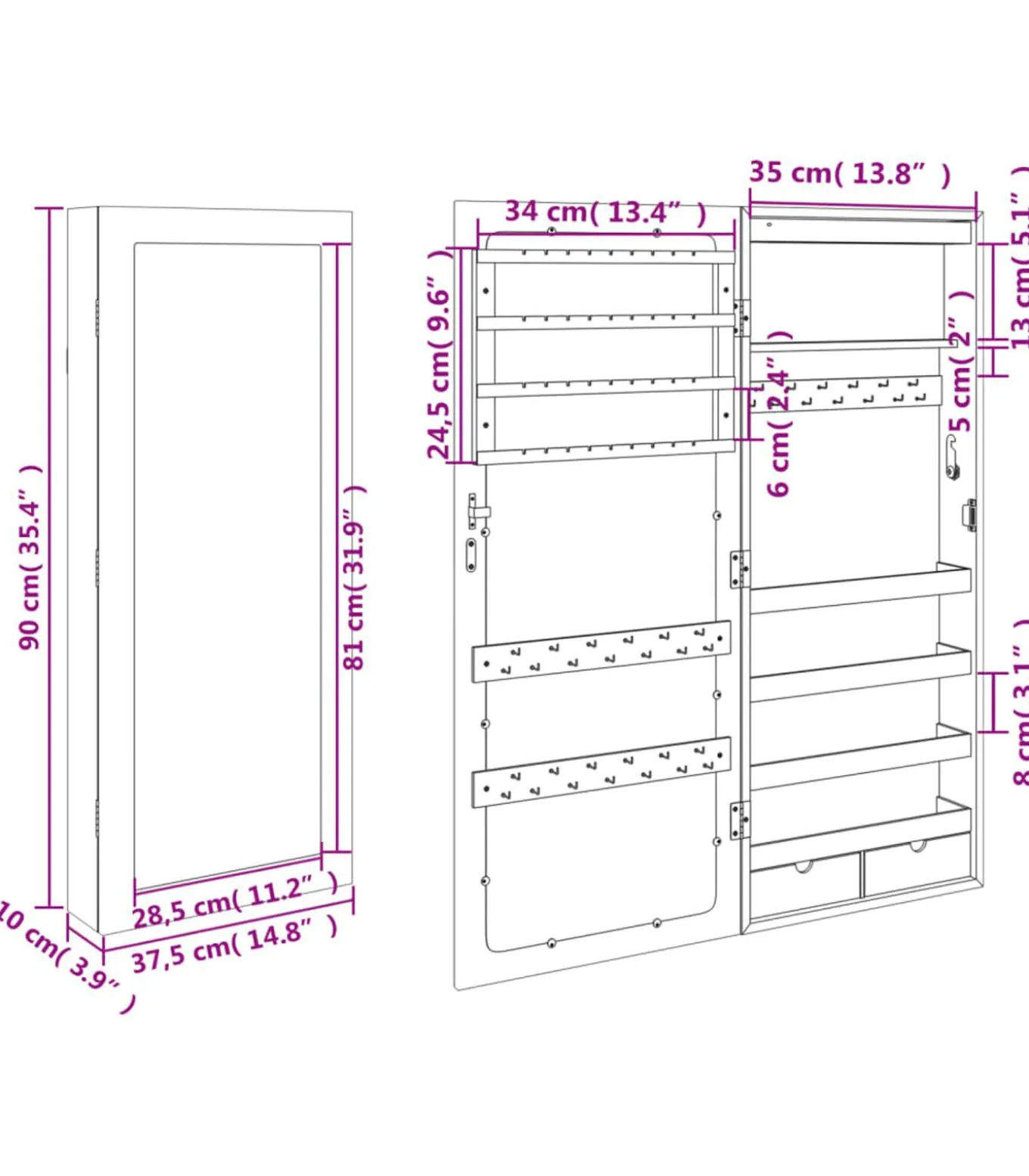 Sieradenkast met spiegel en LED wandgemonteerd wit