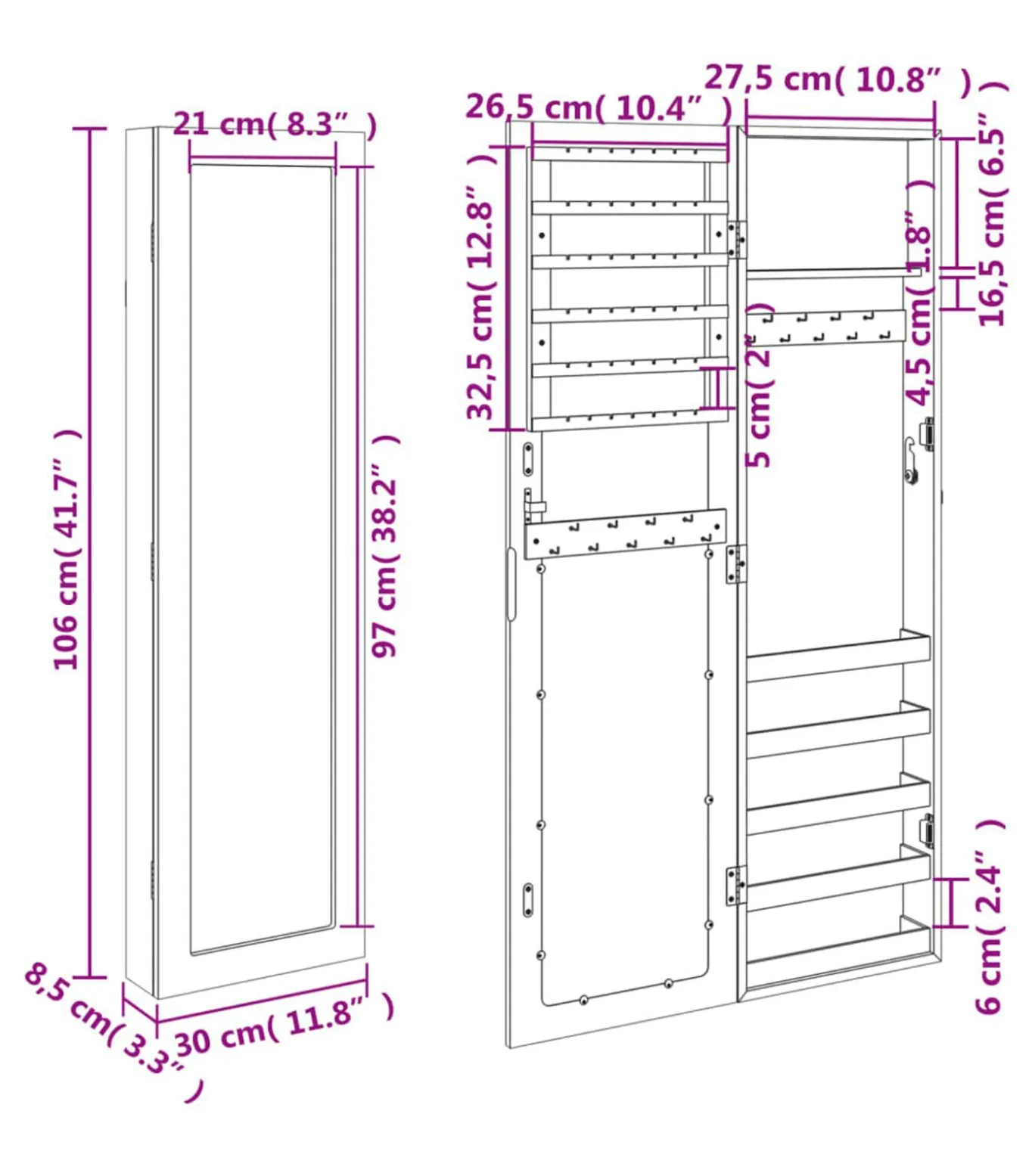 Sieradenkast met spiegel wandgemonteerd 30x8,5x106 cm wit