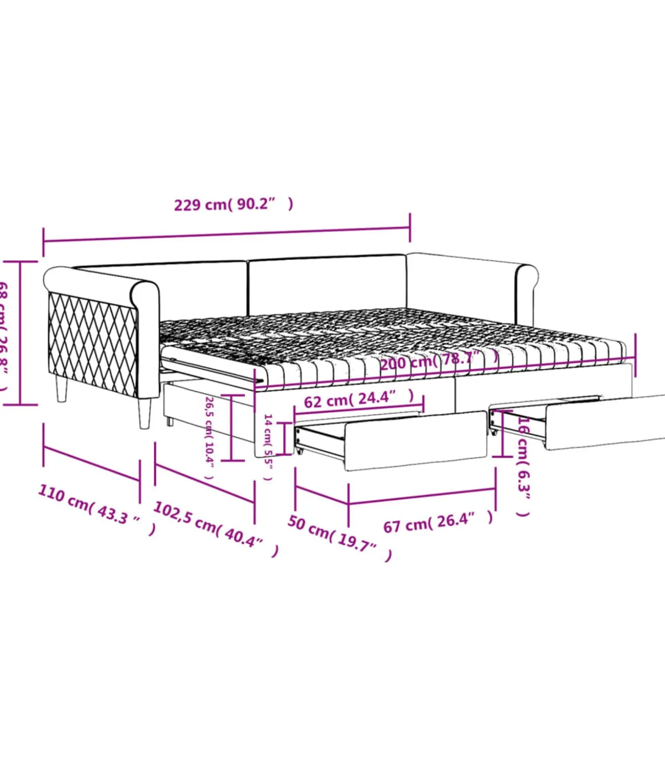 Slaapbank met onderschuifbed en lades 100x200 cm fluweel zwart