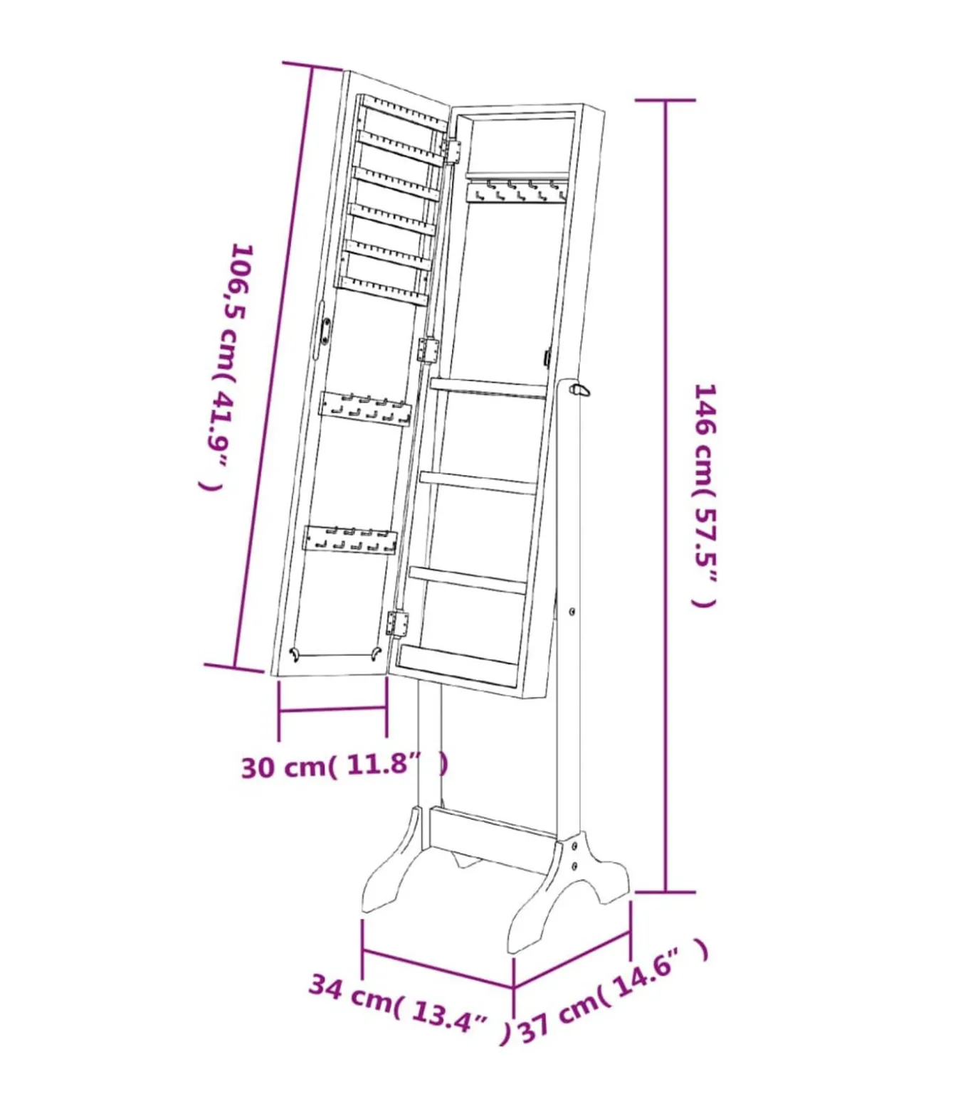 Spiegel vrijstaand 34x37x146 cm wit