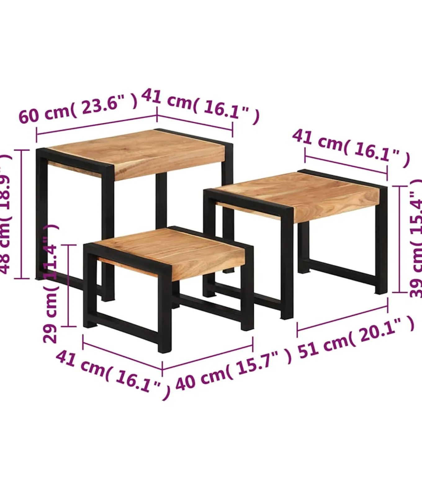 Tafeltjesset 3 st massief hout