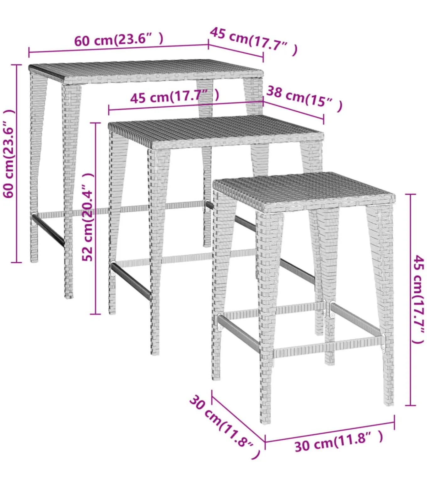 Tafeltjesset 3 st poly rattan bruin