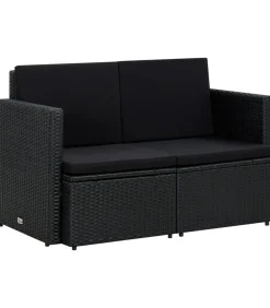 Tuinbank 2-zits met kussens poly rattan zwart