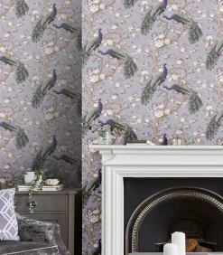 Vliesbehang Belvedere | Paars | Pauwen |