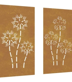 Wanddecoratie tuin 2 st bloemenontwerp 105x55 cm cortenstaal