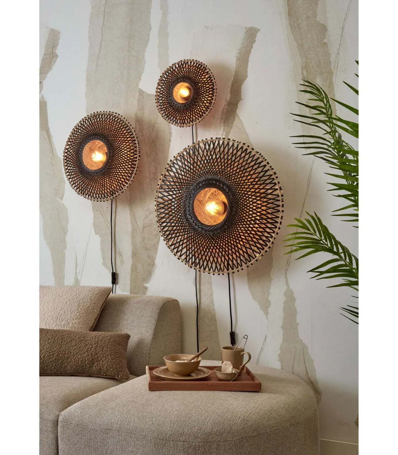 Wandlamp Kalimantan - Zwart/Bamboe - Ø30cm