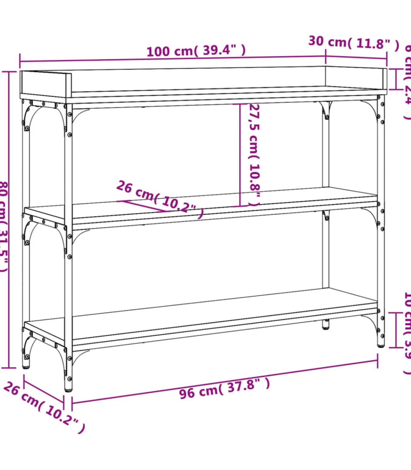 Wandtafel met schappen 100x30x80 cm zwart