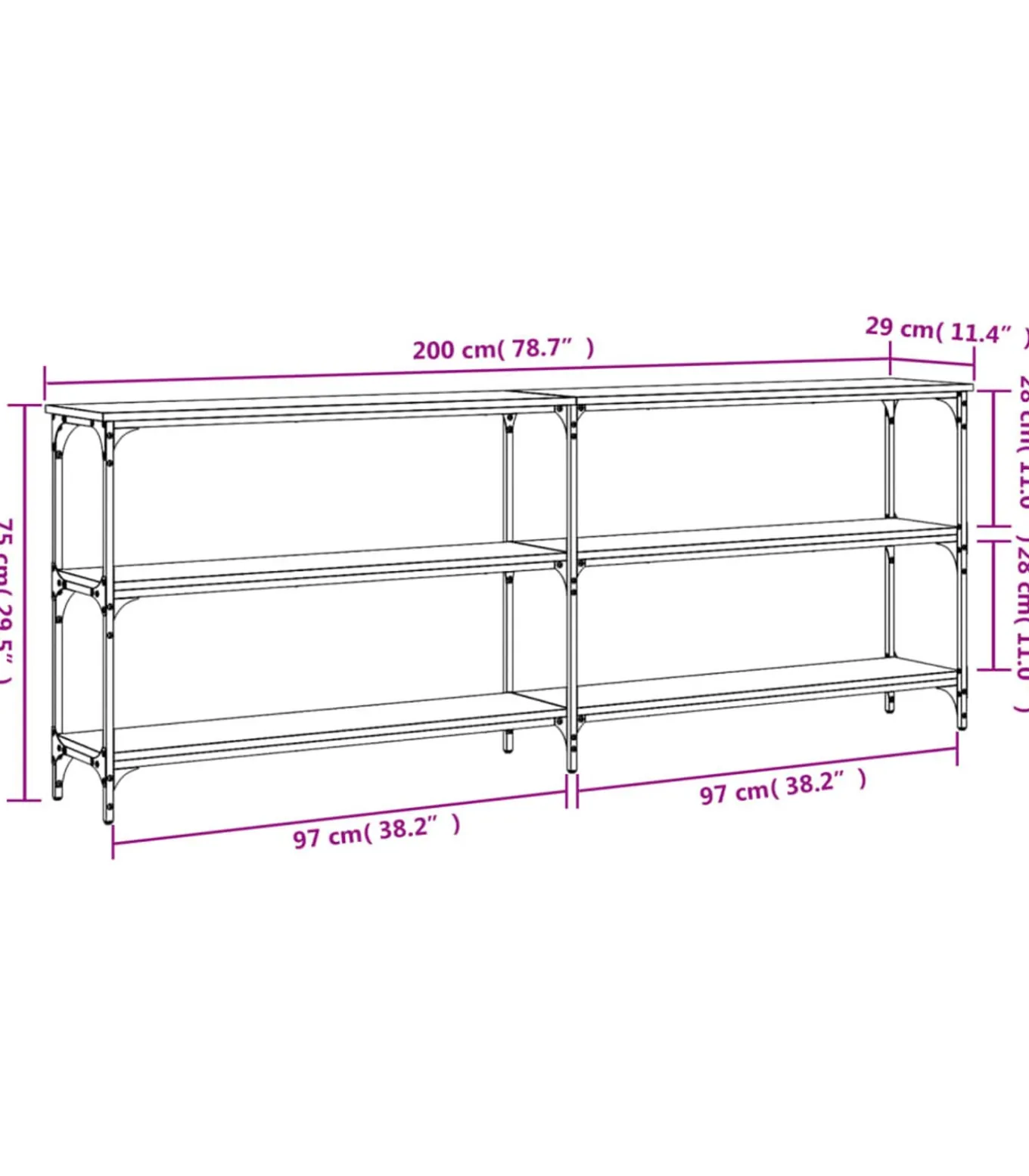 Wandtafel 200x29x75 cm bewerkt hout grijs sonoma eikenkleurig