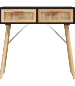 Wandtafel 80x30x75 cm massief grenenhout en natuurlijk rattan