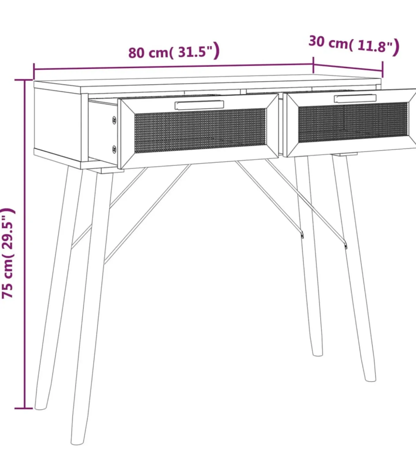 Wandtafel 80x30x75 cm massief grenenhout en natuurlijk rattan