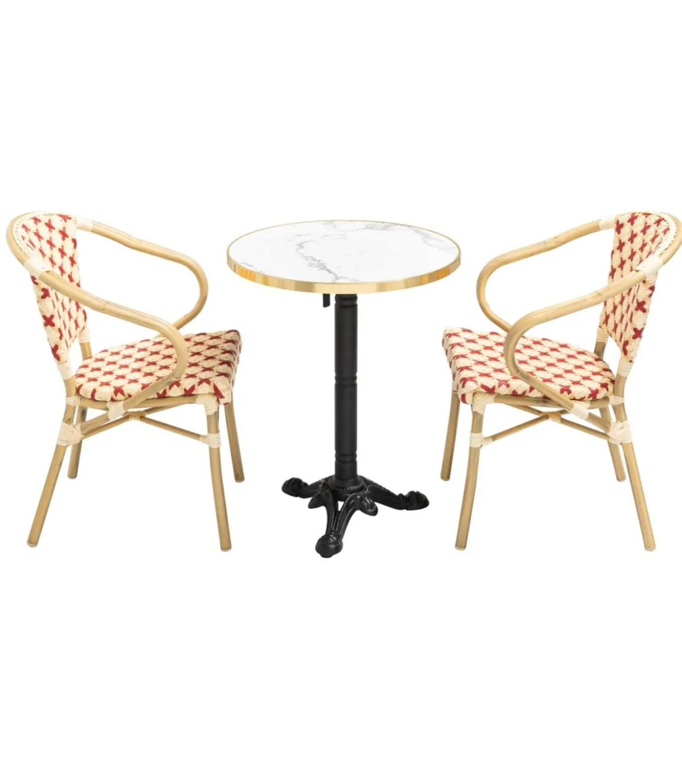 Witmarmeren terrastafel en 2 rode stoelen set