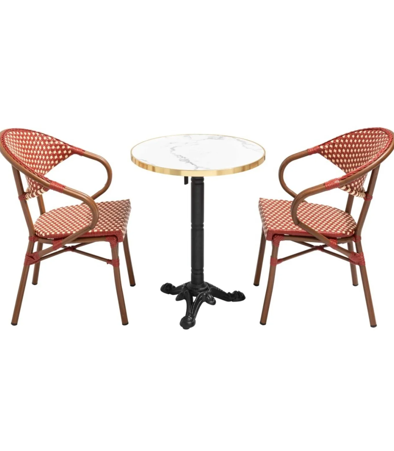 Witte marmeren terrastafel van 60 cm en 2 rode stoelen