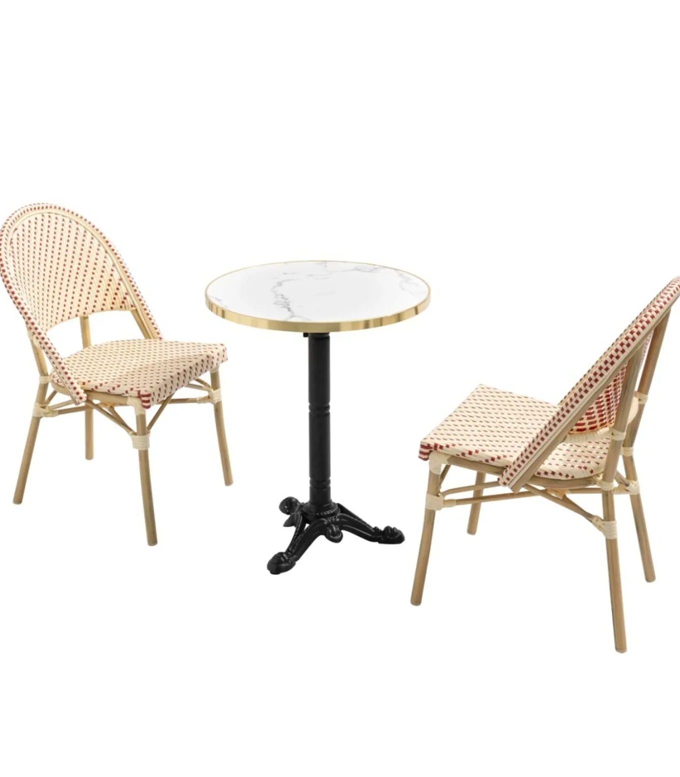 Witte marmeren terrastafel van 60 cm en 2 rode stoelen