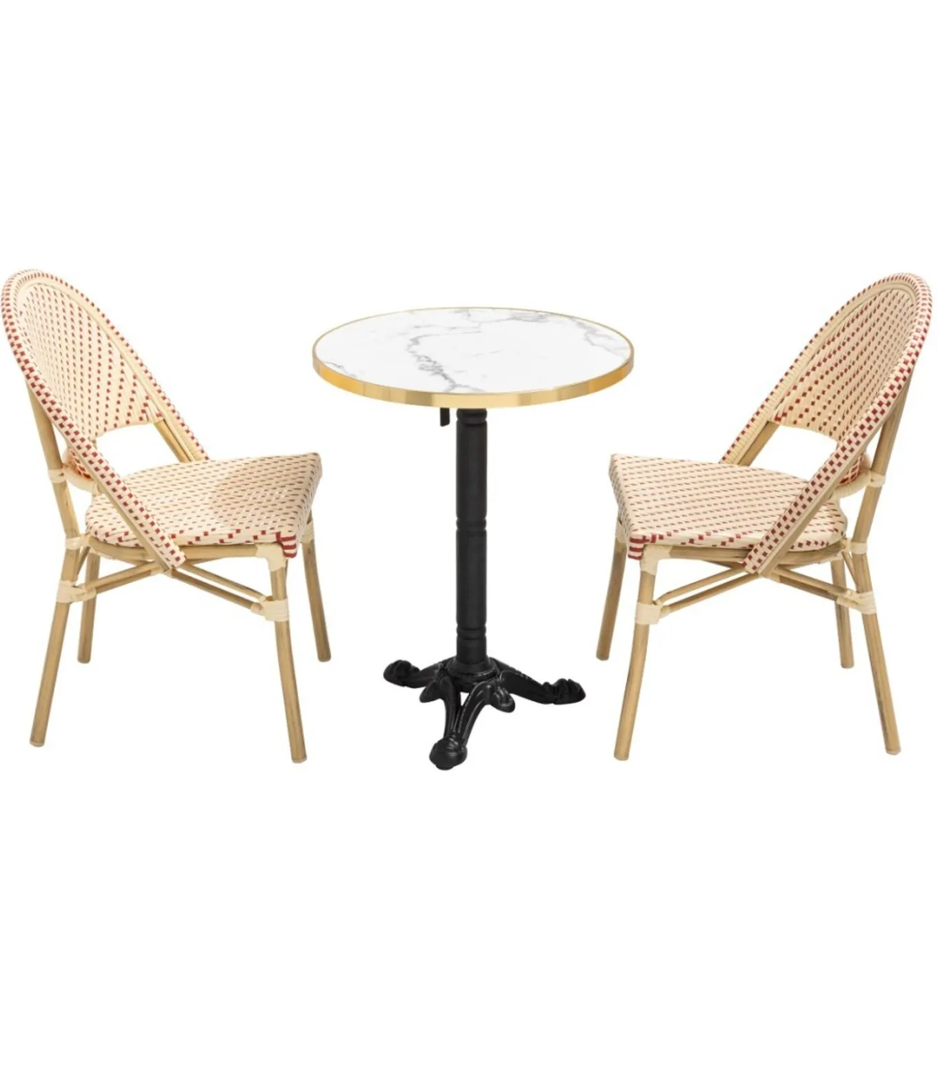 Witte marmeren terrastafel van 60 cm en 2 rode stoelen