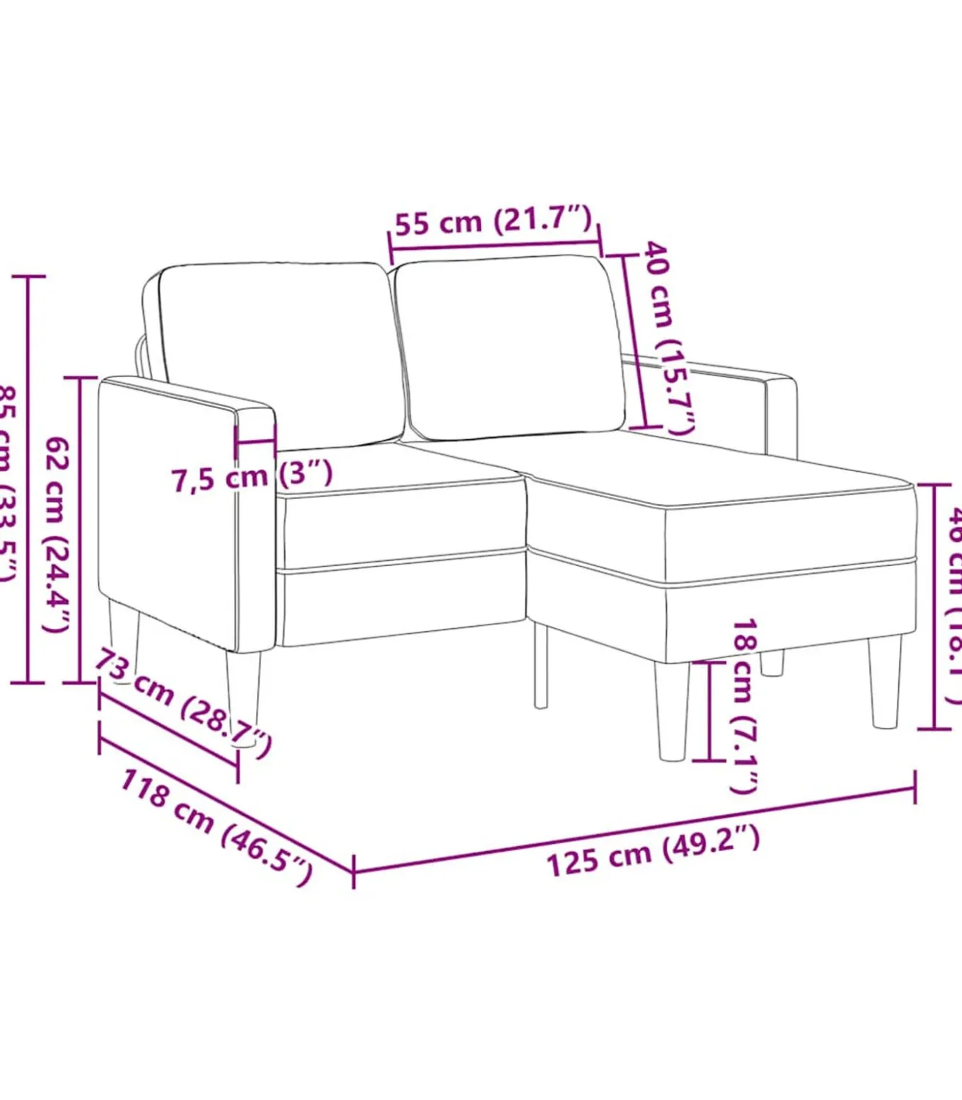 2-zitsbank met chaise L-vorm donkergroen 125 cm fluweel