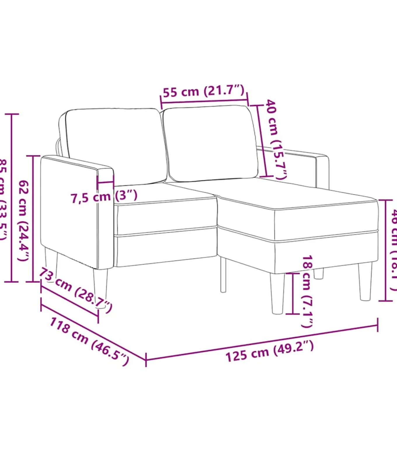 2-zitsbank met ligstoel L-vormig 125 cm fluweel geel